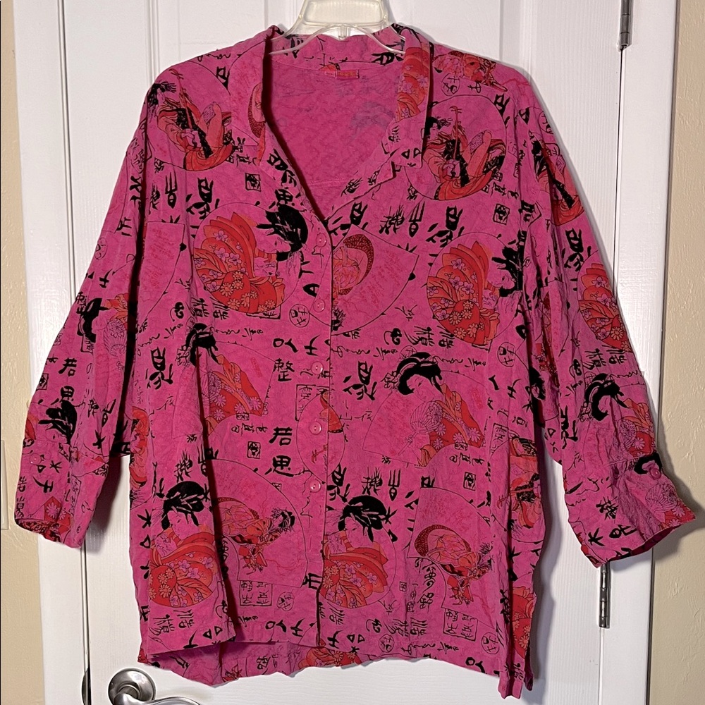 Tianello Aida blouse Geisha girl asian print  oriental hot pink button 3X